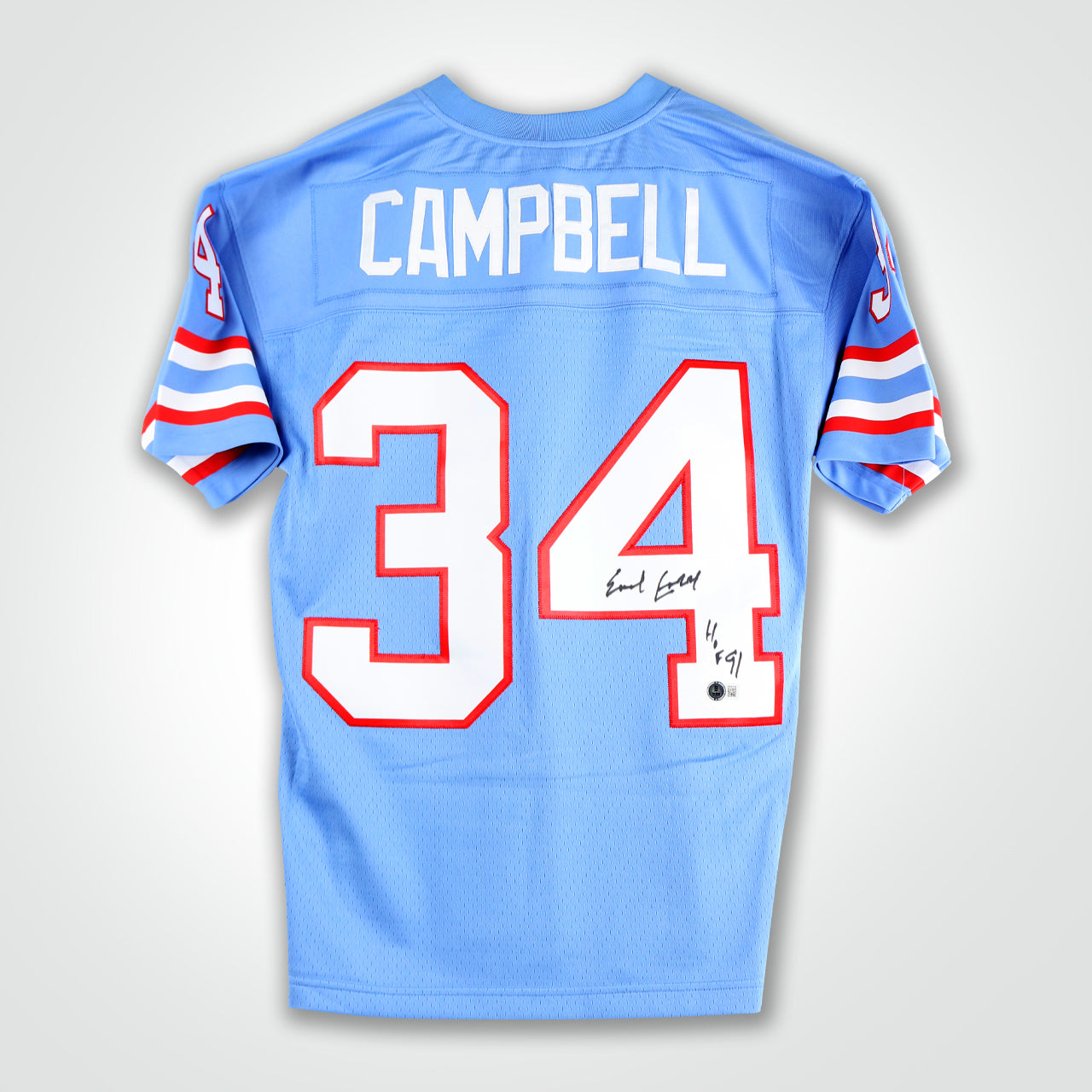 Earl Campbell Signed Oilers Mitchell & Ness Replica Jersey Inscribed "HoF 91" - The Real Autograph