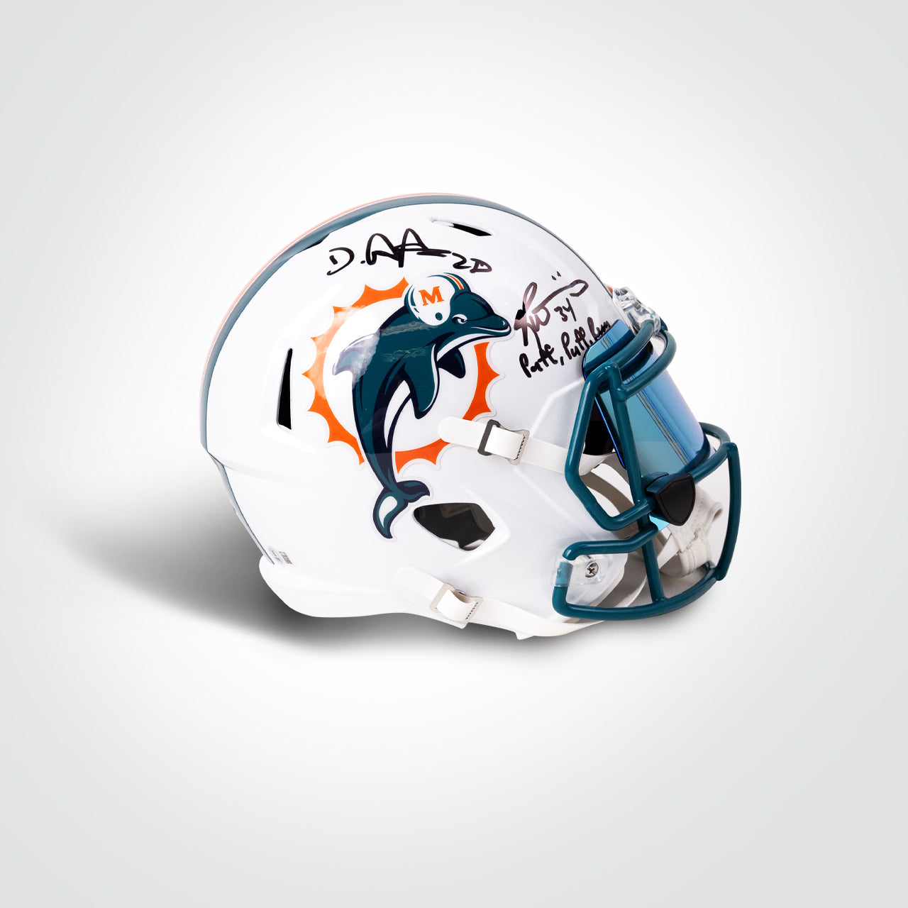 Ricky Williams & De'Von Achane Dual Signed Dolphins Throwback Full Size Replica Helmet Inscribed "Puff, Puff, Run"