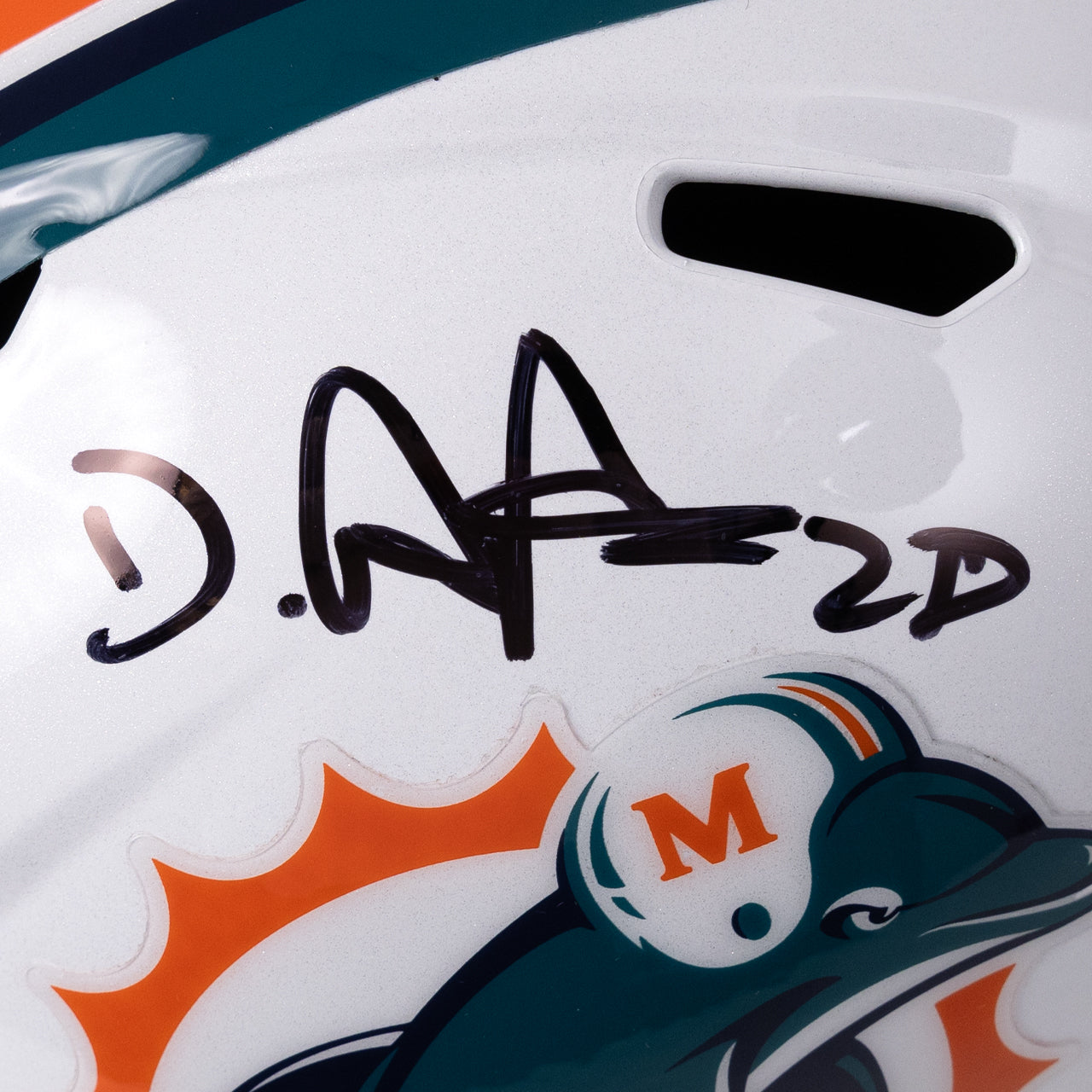 Ricky Williams & De'Von Achane Dual Signed Dolphins Throwback Full Size Replica Helmet Inscribed "Puff, Puff, Run"