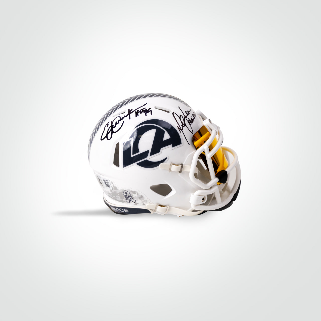 Eric Dickerson & Marshall Faulk Signed Rams Salute to Service Mini Helmet Inscribed HoF Years