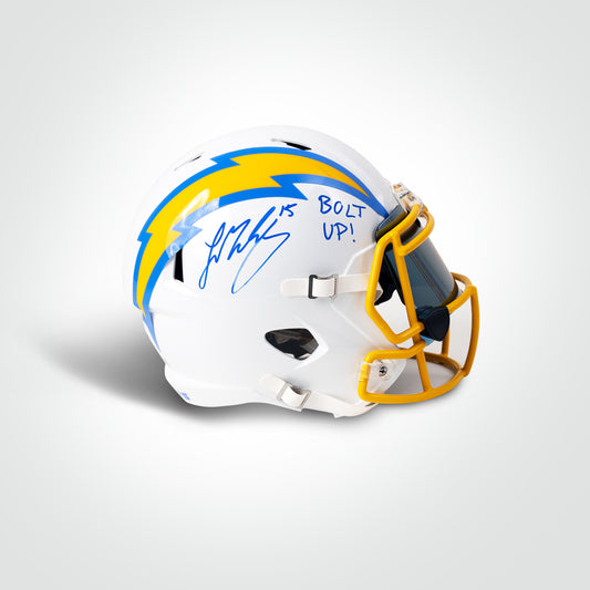 Ladd McConkey Signed Chargers Speed Full Size Replica Helmet Inscribed "Bolt Up!"