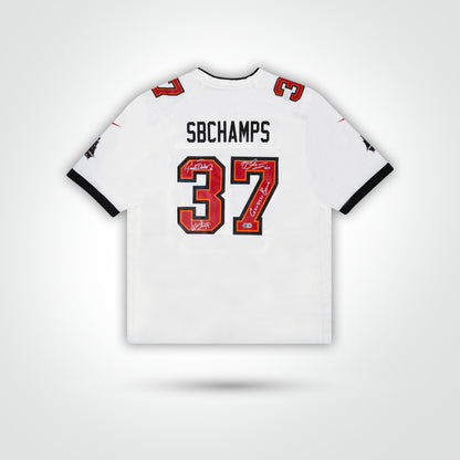 Mike Alstott, Warren Sapp, & Ronde Barber Triple Signed Buccaneers Nike Game Jersey Inscribed "Gruden Bowl"