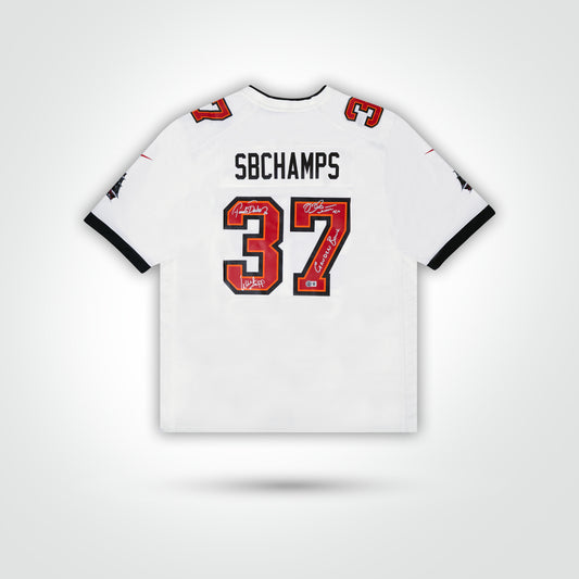 Mike Alstott, Warren Sapp, & Ronde Barber Triple Signed Buccaneers Nike Game Jersey Inscribed "Gruden Bowl"